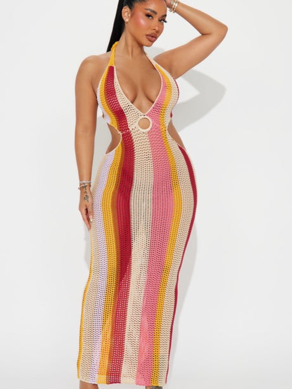 Halter Crochet Maxi Dress in Pink, Yellow & Red
